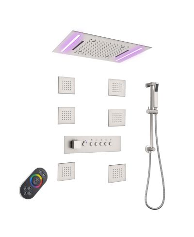 Mondawe Thermostatic Flush Ceiling Mounted Complete Shower System with LED Lights, Body Jets and Slide Bar