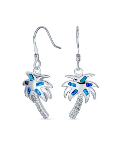 Серьги Bling Jewelry Tropical Blue Opal Inlay Palm Tree Dangle Sterling Silver