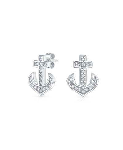 Bling Jewelry серьги-гвоздики с якорем морского судна, паве CZ, стерлинговое серебро.925