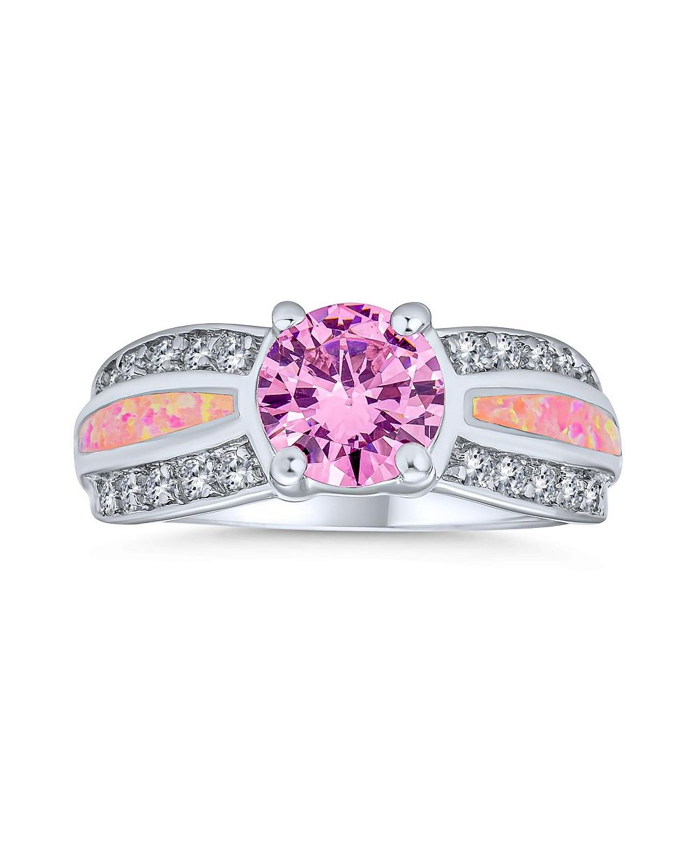 Кольцо Bling Jewelry Unique Pink CZ Round Solitaire Promise.925 Sterling Silver Created Opal Inlay Wide Band