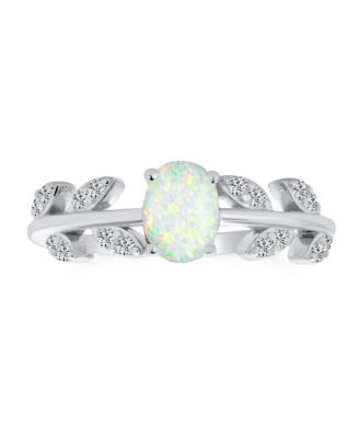 Bling Jewelry White Oval Created Opal CZ Accent Leaf Ring Band .925 Sterling Silver