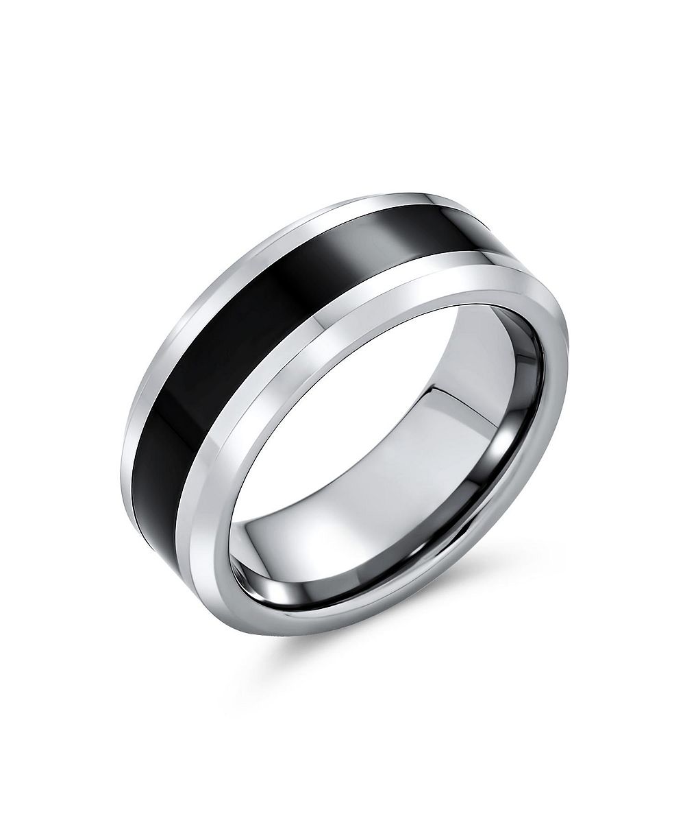 Кольцо Bling Jewelry Simple Two Tone Black Center Couples Titanium Band Silver Tone Beveled Edge 8MM