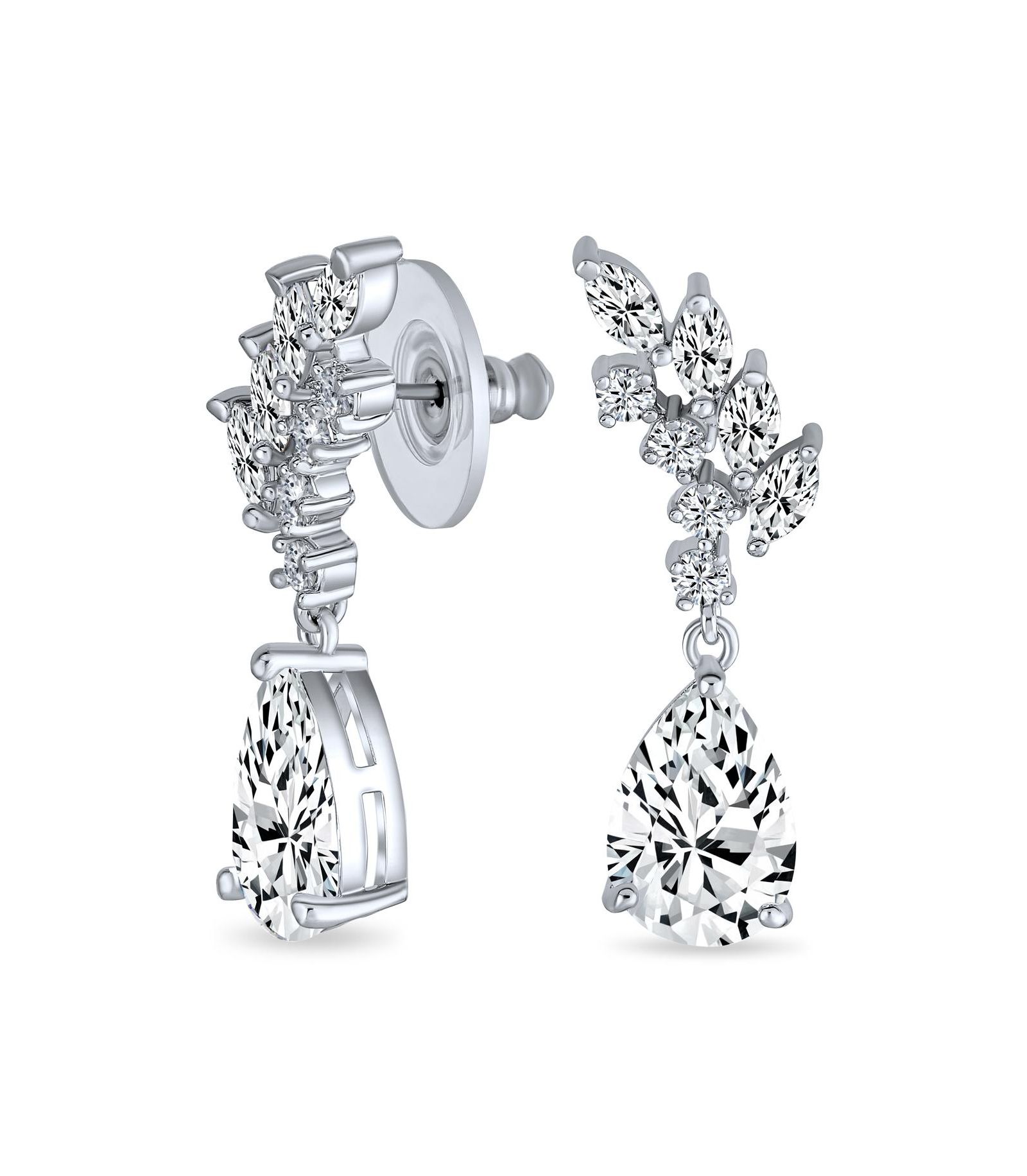 Bling Jewelry Bridal Leaf Motif CZ Teardrop Dangle Chandelier Earrings Silver Plated