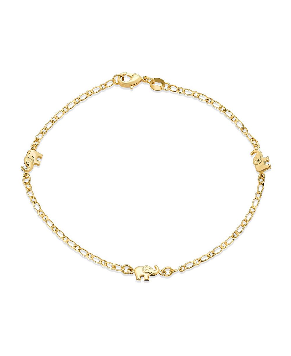 Bling Jewelry Lucky Elephant Charm Bracelet Dainty Three Multi Charm Yellow Gold Plated 7.5 Inch Made In Brazil