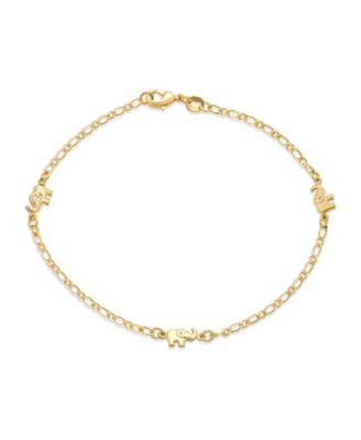 Bling Jewelry Lucky Elephant Charm Bracelet Dainty Three Multi Charm Yellow Gold Plated 7.5 Inch Made In Brazil