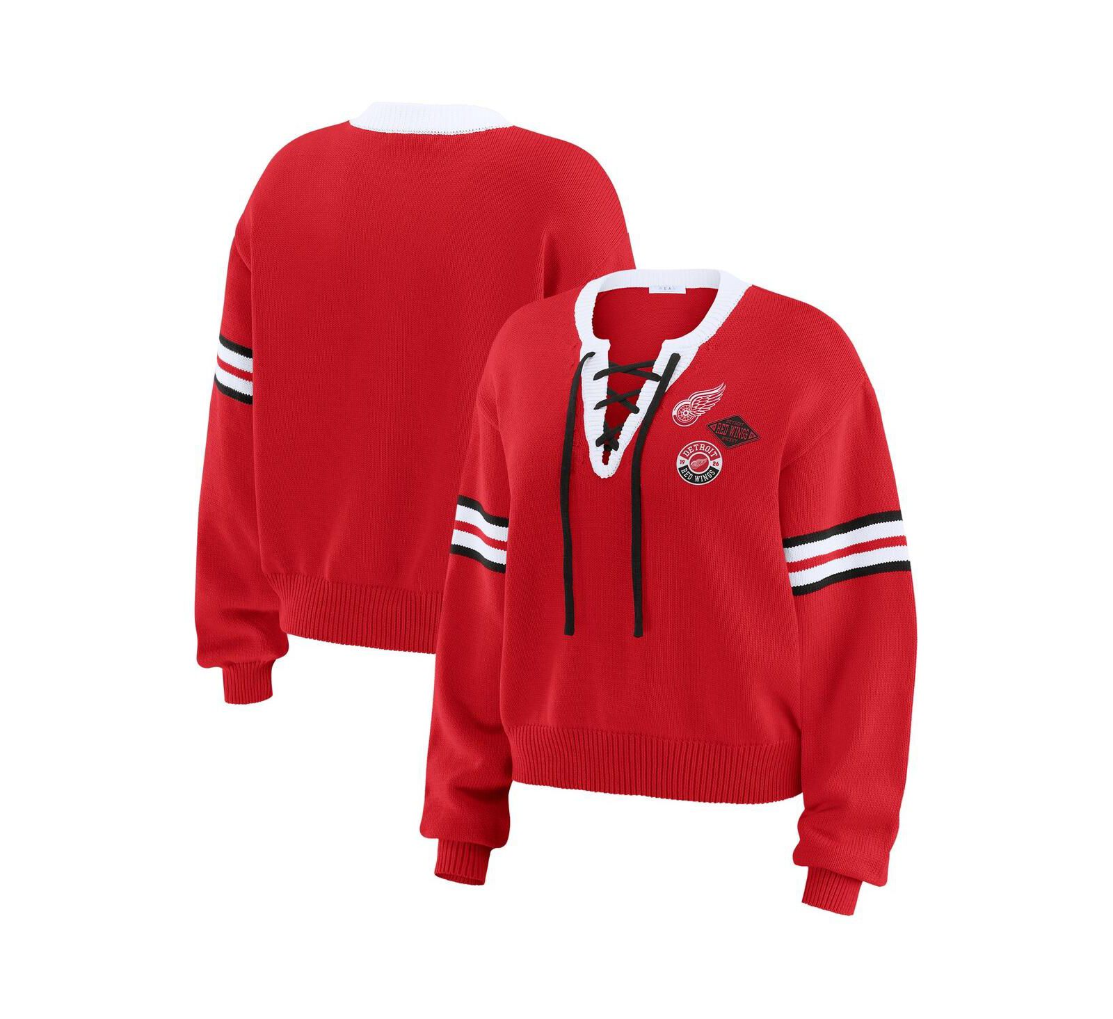 WEAR by Erin Andrews Women's Red Detroit Red Wings Cropped Lace-Up Sweater