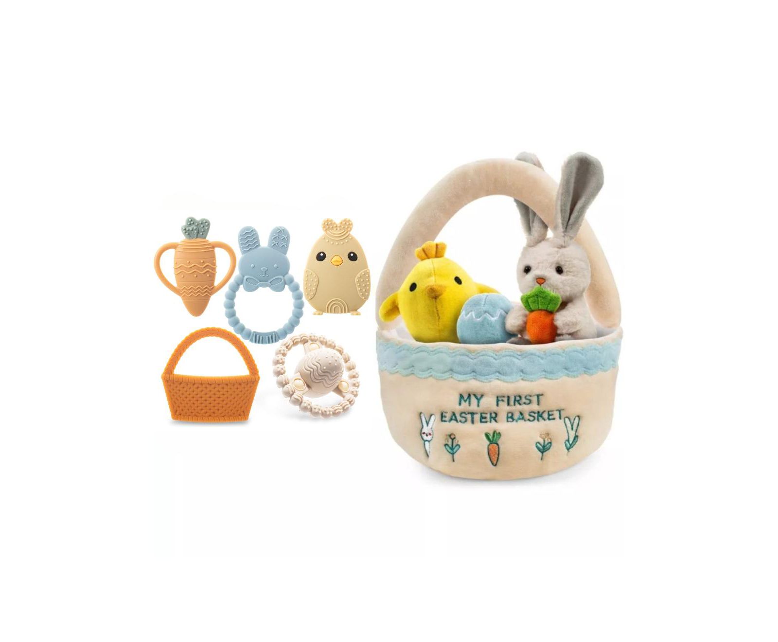Sperric Toddler Easter Plush and Teether Playset, Includes Bunny, Carrot, Chicken, Rattle Egg & Basket, Perfect Sensory and Decorative Gift Newborns