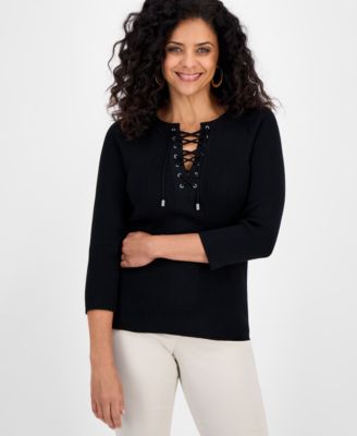 JM Collection Women's Ribbed Lace-Up Sweater, Macy's Exclusive