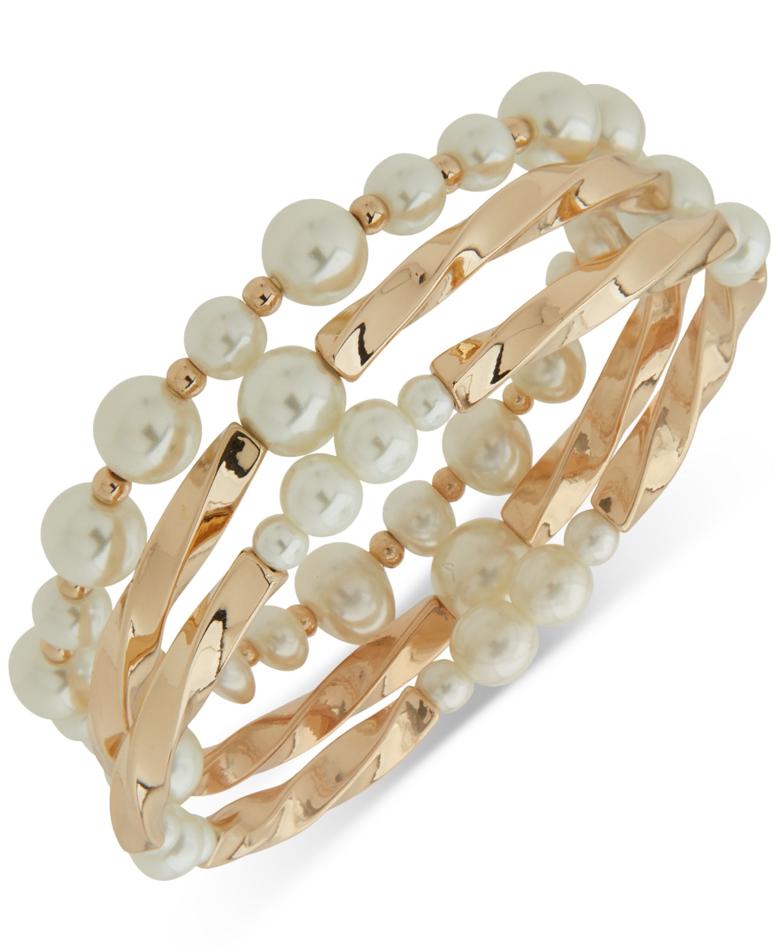 Anne Klein Gold-Tone 3-Pc. Set Imitation Pearl Twisted Stretch Bracelets