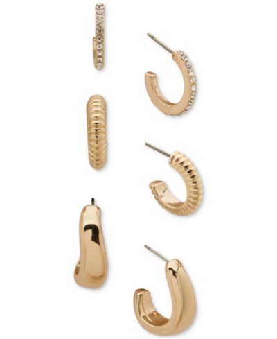 Комплект из 3 пар сережек Anne Klein Gold-Tone Crystal, Textured, & Puffy Small Hoop