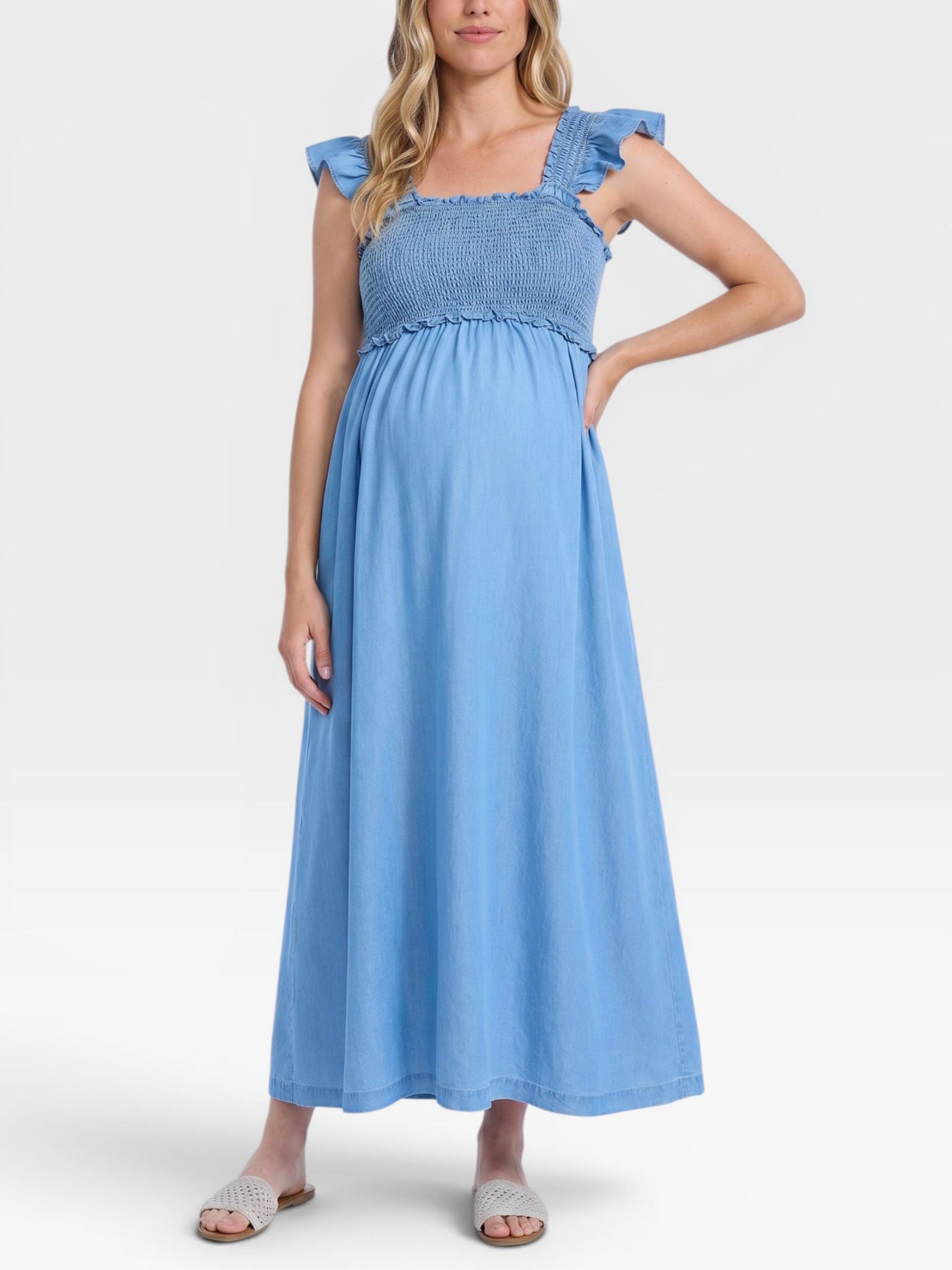 Motherhood Maternity Women's Sleeveless Ruffle Shoulder Smocked Maxi Dress - Motherhood