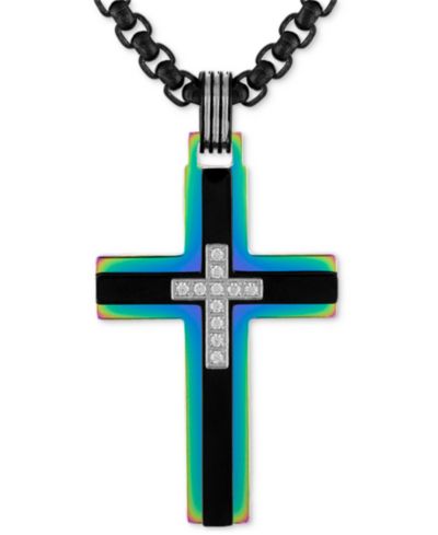 Esquire Men's Jewelry Diamond Rainbow Cross 22" Pendant Necklace (1/10 ct. t.w.) in Black & Rainbow Anodized Ion-Plated Stainless Steel