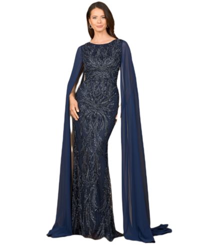 Lara Women's High Neck Gown with Chiffon Cape Sleeves