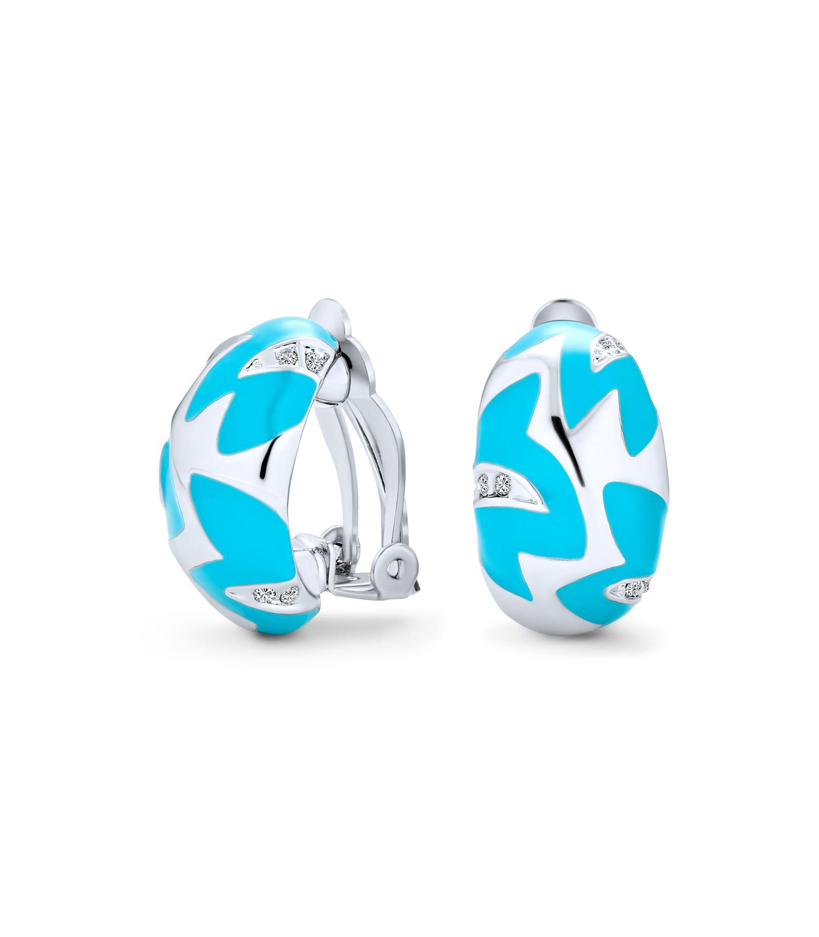 Bling Jewelry Geometric Turquoise Blue Enamel Zig Zag Clip On Earrings Rhodium Plated