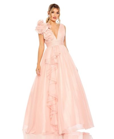 Mac Duggal Women's One-Shoulder Ruffle Ball Gown with Plunging V-Neck