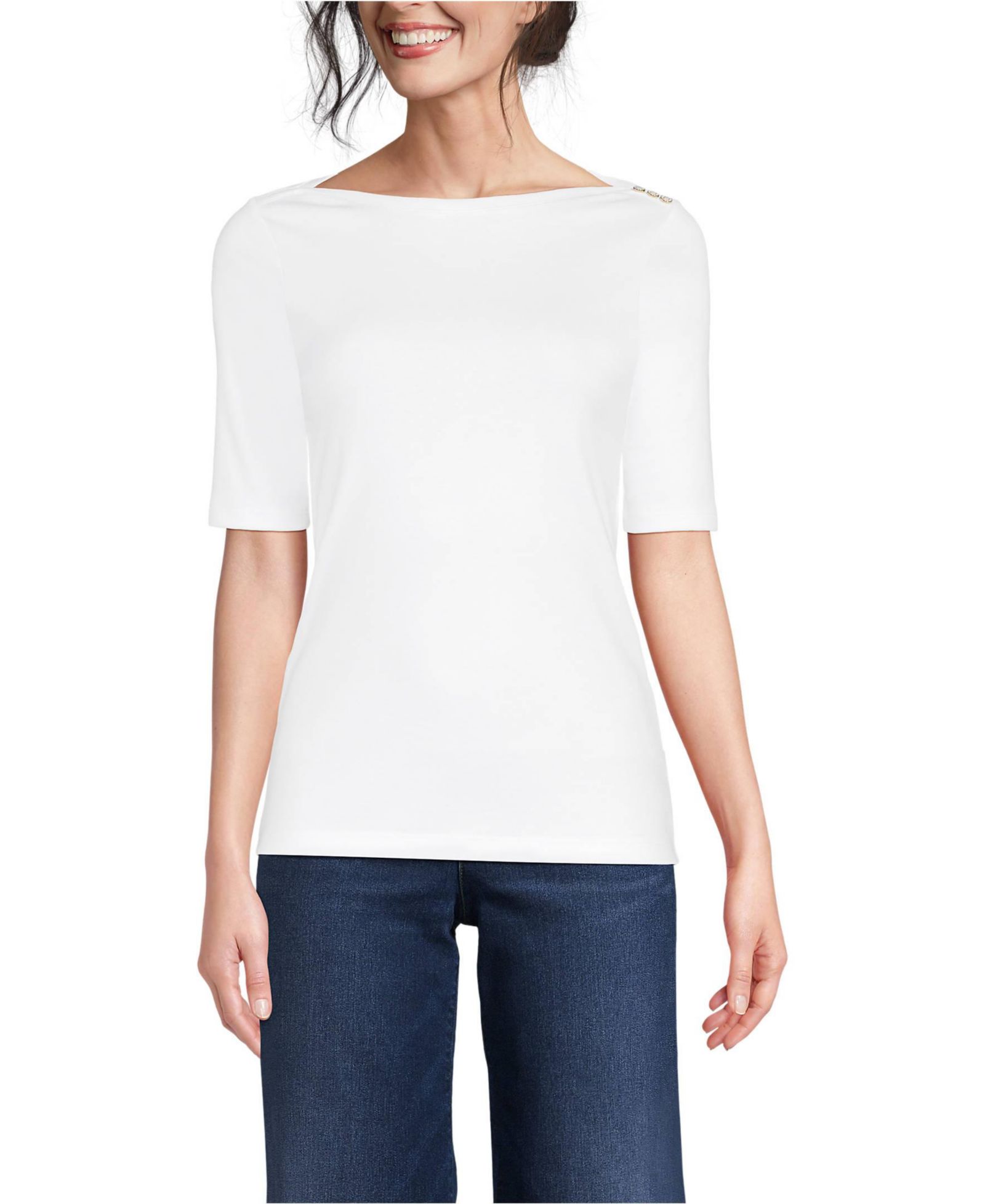 Lands' End Women's Supima Cotton Elbow Sleeve Boatneck Button Shoulder Tee