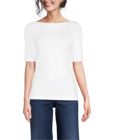 Lands' End Women's Supima Cotton Elbow Sleeve Boatneck Button Shoulder Tee