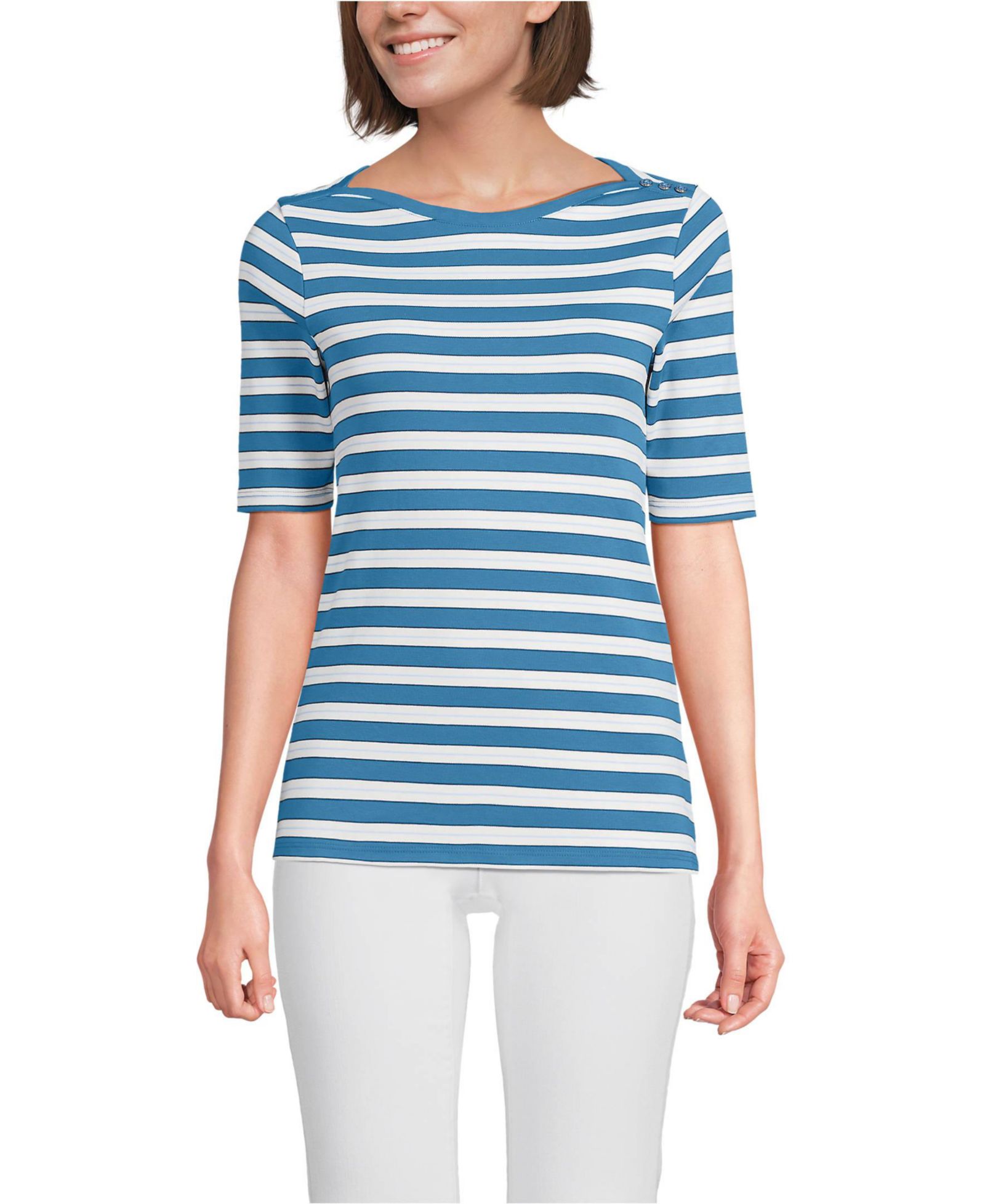 Lands' End Women's Supima Cotton Elbow Sleeve Boatneck Button Shoulder Tee
