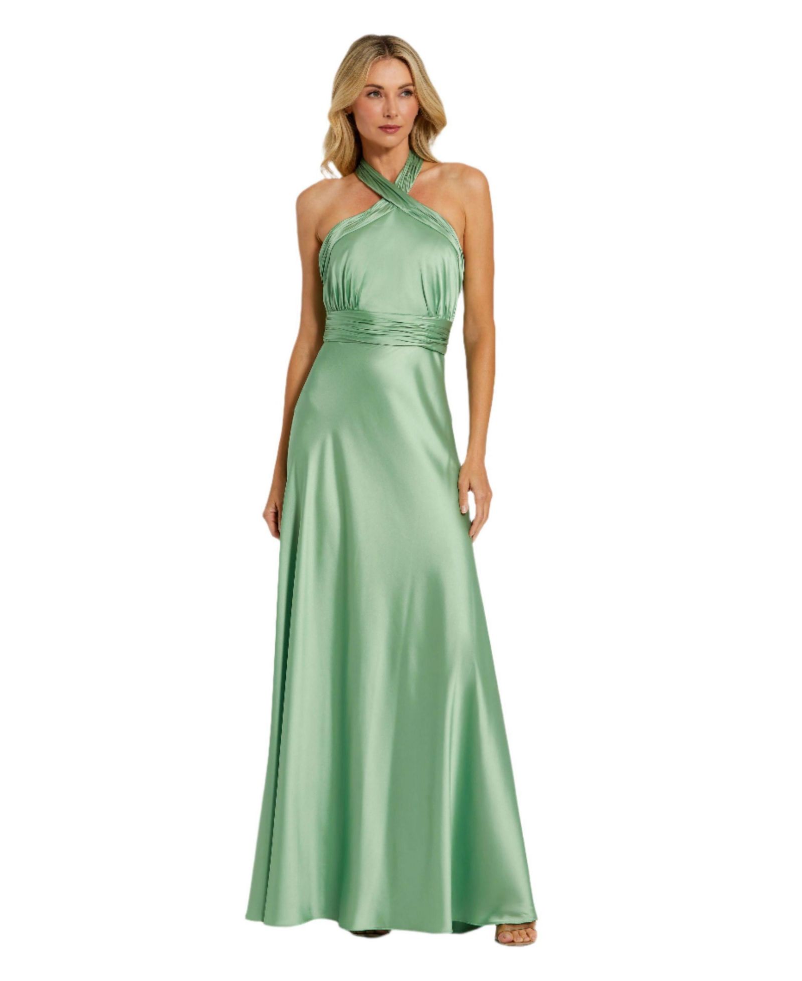 Женское вечернее платье Mac Duggal Ruched Halter Neck Tie Back Satin Gown