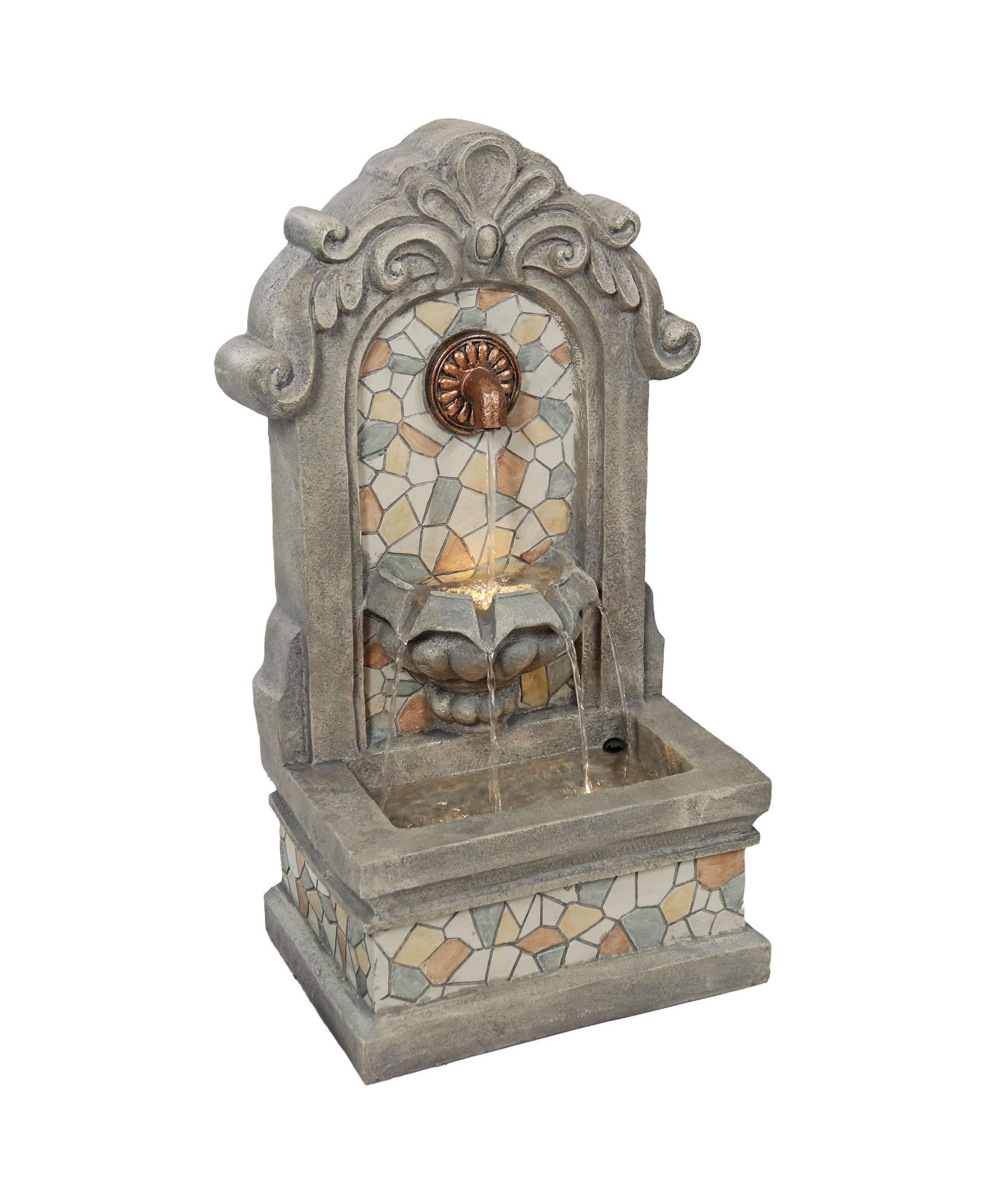 Enchanting Estate Polyresin Flat Back Floor Outdoor Wall Fountain for the Patio, Deck, or Yard - 27" - Gray