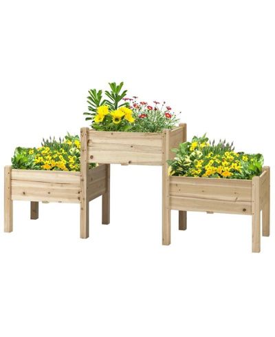 Set of 3 Wooden Elevated Planter Raised Garden Beds for Outdoor Gardening