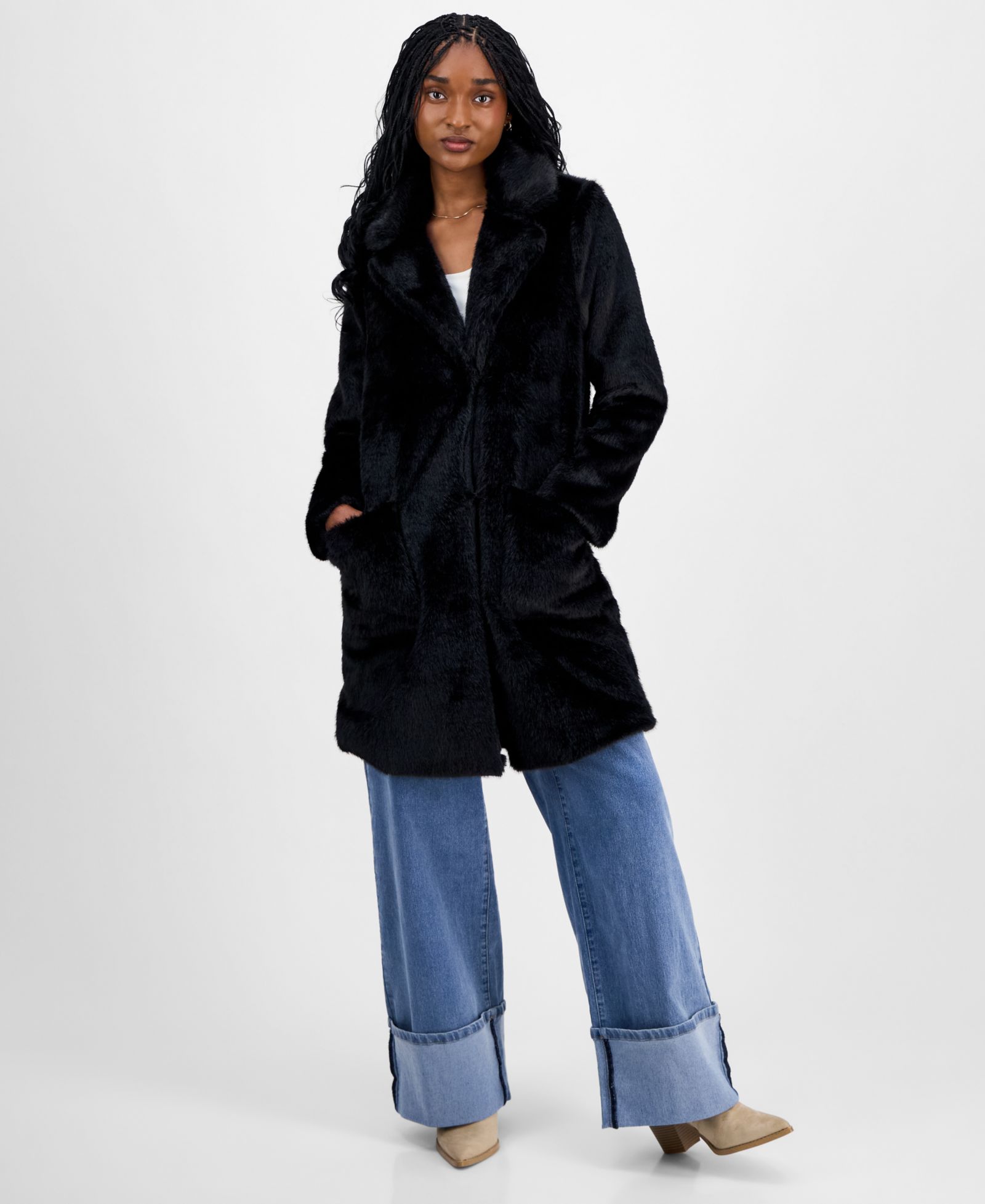 CoffeeShop Juniors' Notched-Collar Faux-Fur Walker Coat