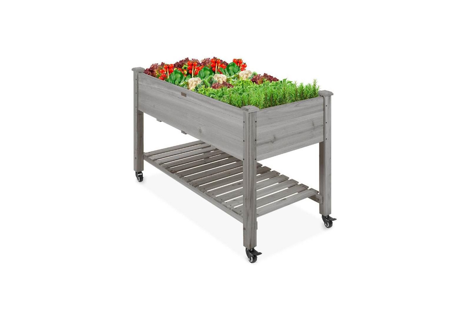 Outdoor Wood Raised Garden Bed Planter Box with Shelf and Locking Wheels