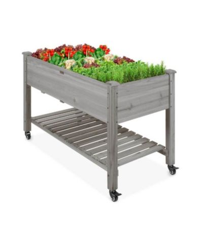 Outdoor Wood Raised Garden Bed Planter Box with Shelf and Locking Wheels