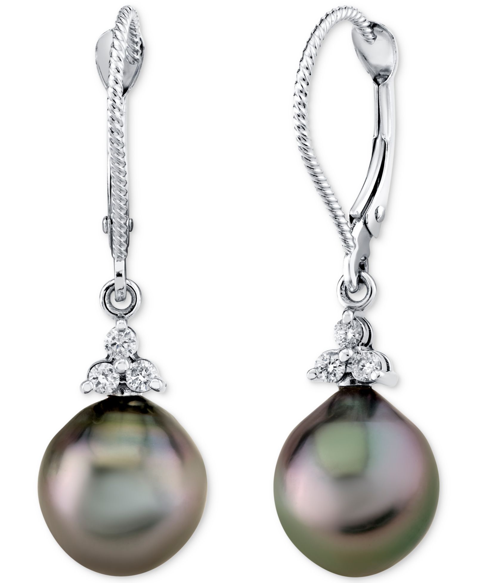 Серьги-подвески с таитянской жемчужиной (9mm) и бриллиантом (1/8 ct. t.w.) в белом золоте 14k
