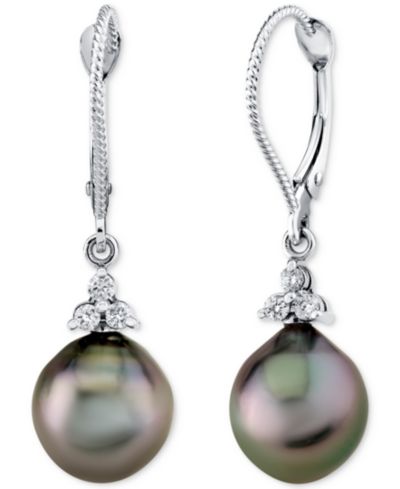 Серьги-подвески с таитянской жемчужиной (9mm) и бриллиантом (1/8 ct. t.w.) в белом золоте 14k
