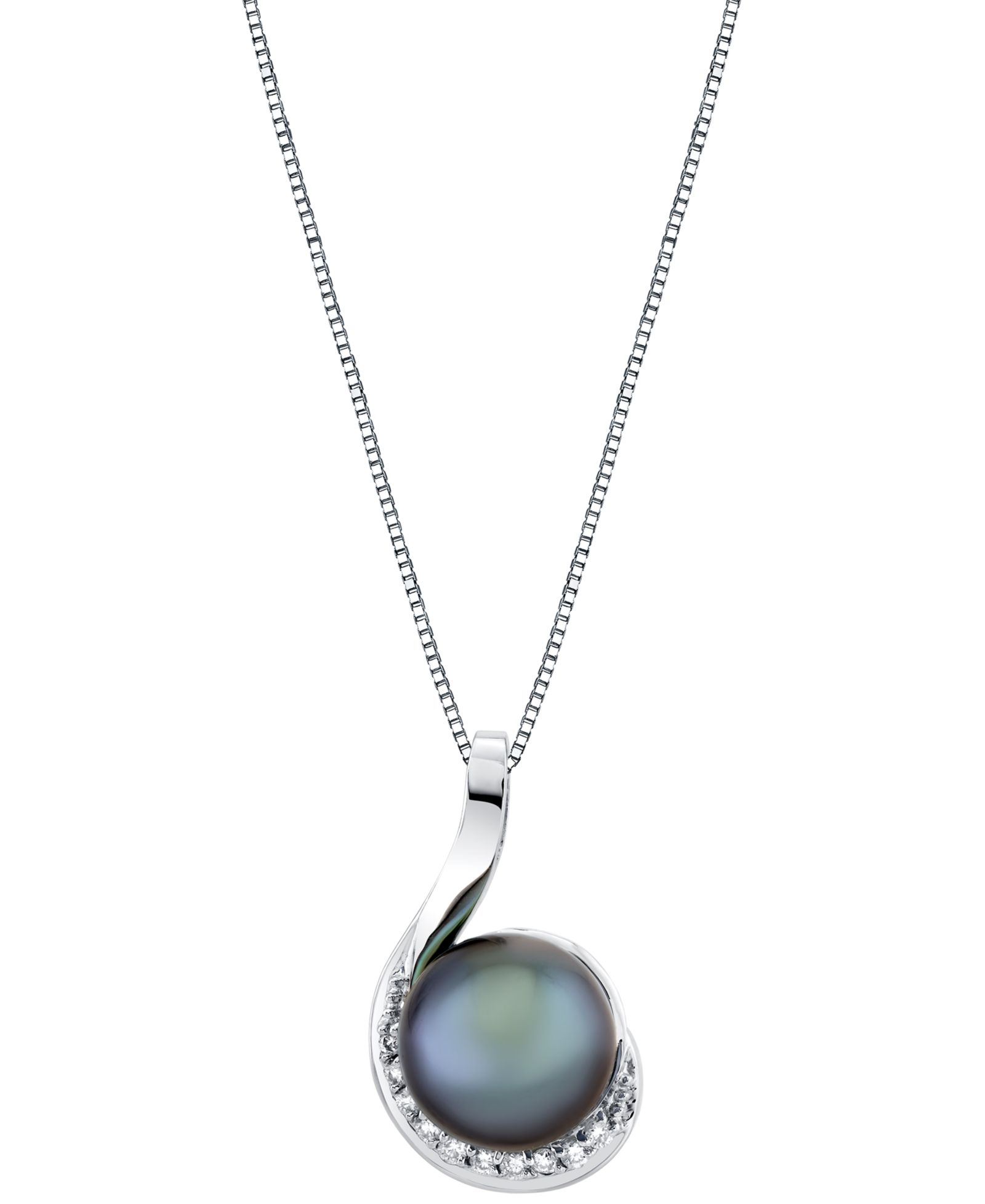 Cultured Tahitian Pearl (10mm) & Diamond Accent Swirl 18" Pendant Necklace in 14k White Gold