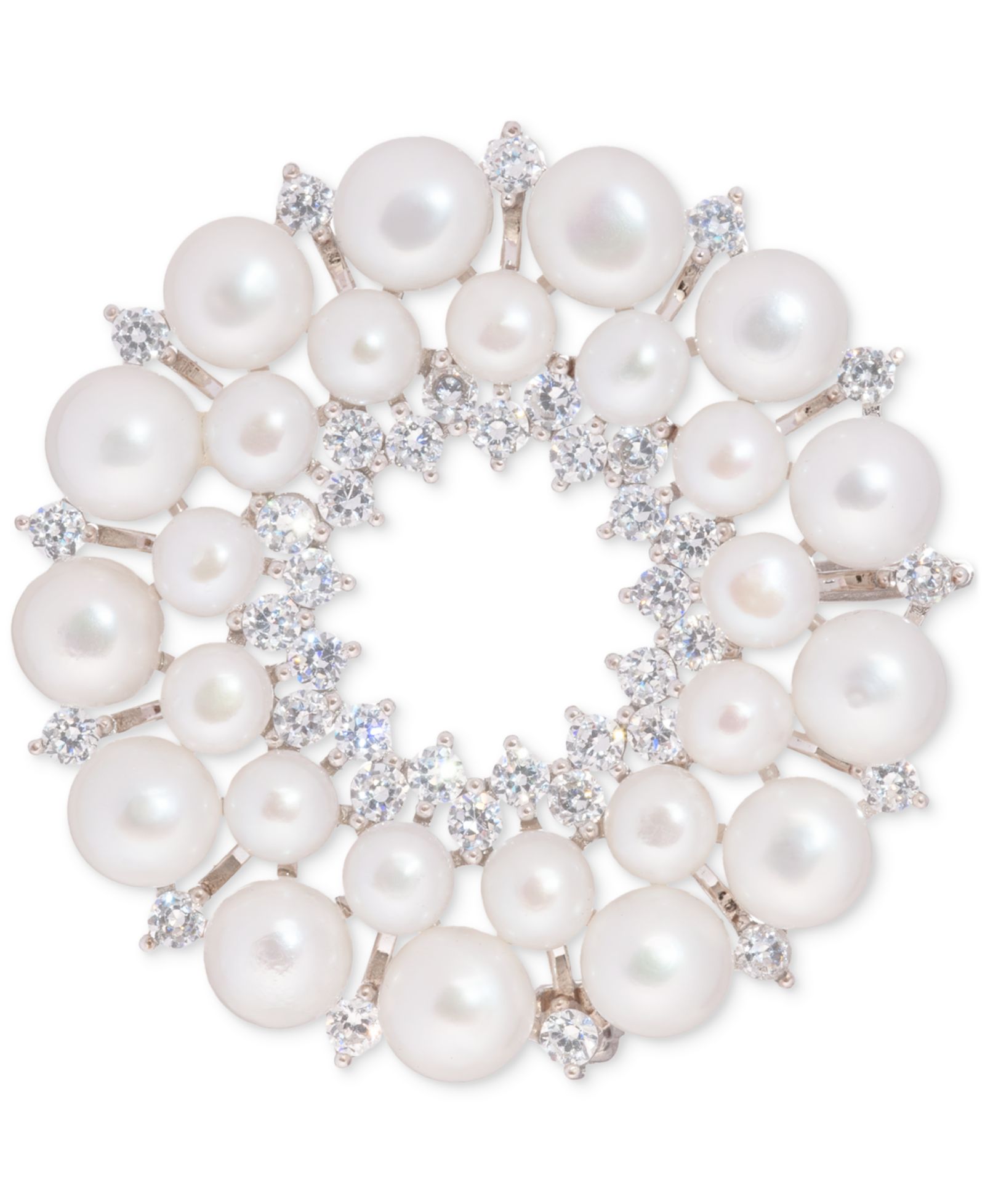 Подвеска-брошь Cultured Freshwater Pearl & Cubic Zirconia Double Circle Convertible in Sterling Silver