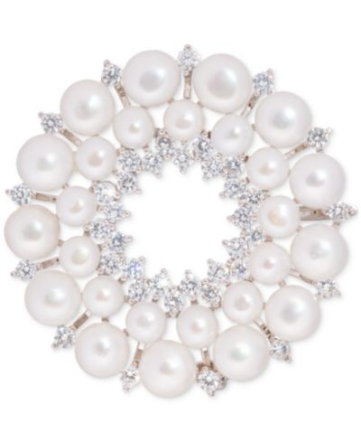 Подвеска-брошь Cultured Freshwater Pearl & Cubic Zirconia Double Circle Convertible in Sterling Silver
