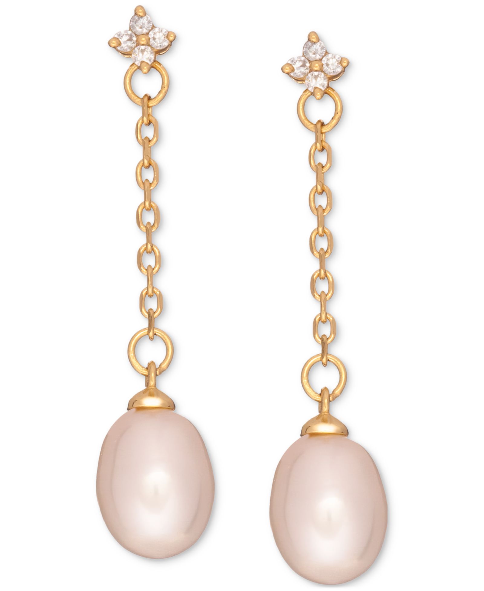Серьги Macy's Cultured Freshwater Pearl & Cubic Zirconia Linear Chain Drop 18k Gold-Plated Sterling Silver