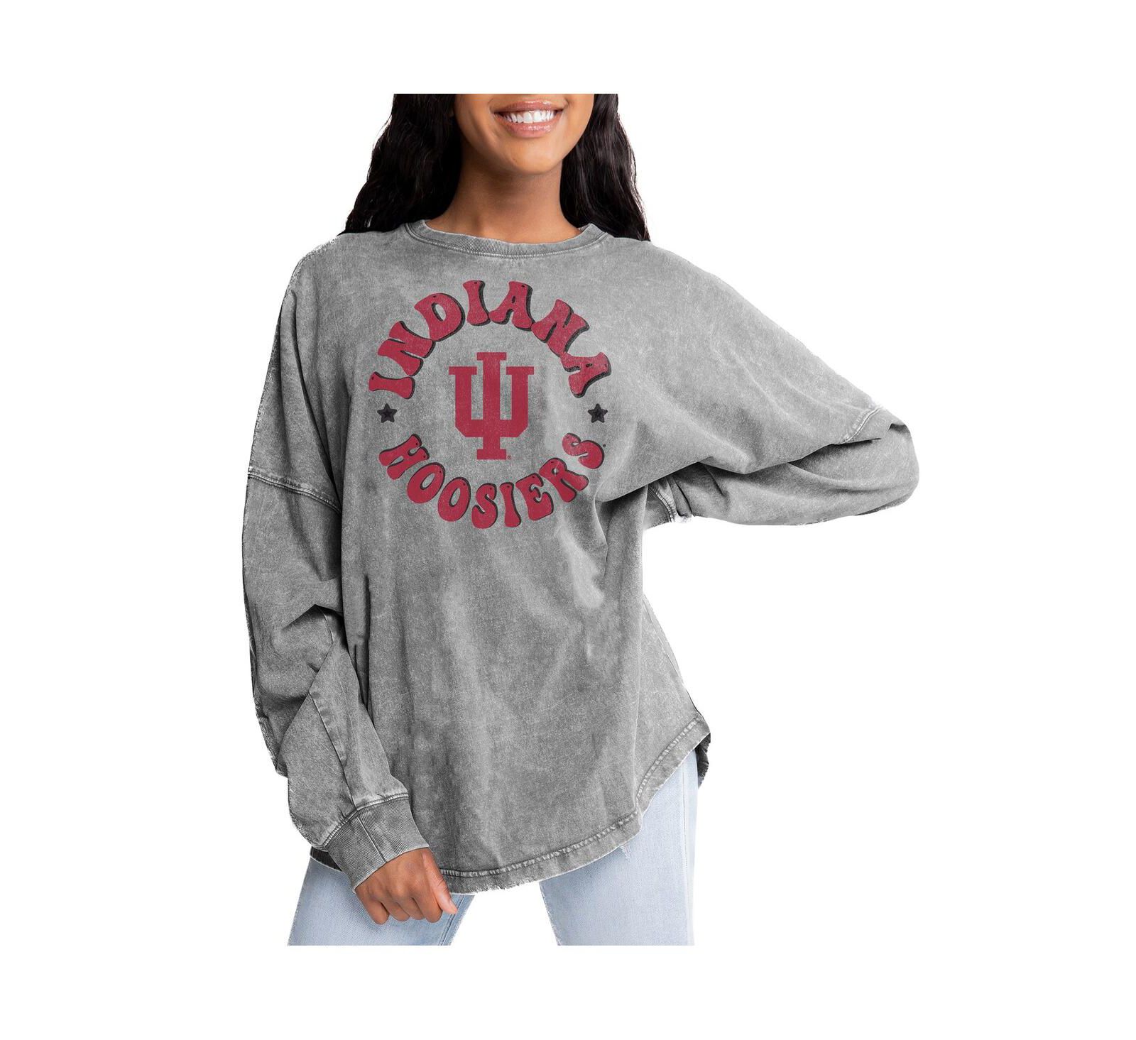 Gameday Couture Women's Gray Indiana Hoosiers Playing Around Faded Wash Oversized Long Sleeve T-Shirt