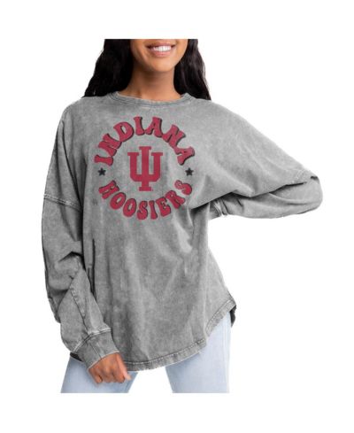 Gameday Couture Women's Gray Indiana Hoosiers Playing Around Faded Wash Oversized Long Sleeve T-Shirt