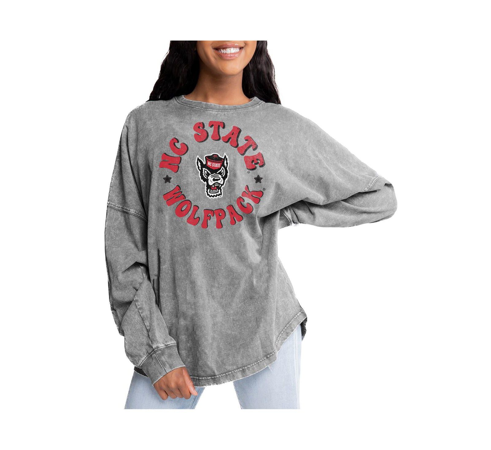Gameday Couture Women's Gray NC State Wolfpack Playing Around Faded Wash Oversized Long Sleeve T-Shirt