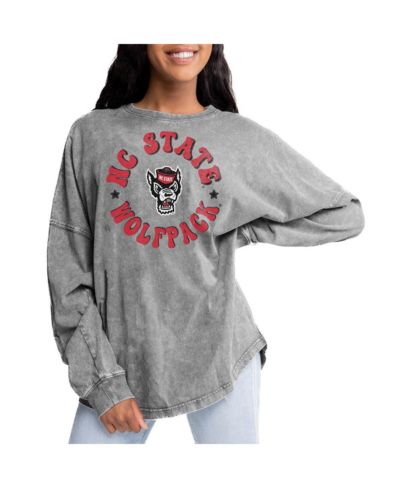 Gameday Couture Women's Gray NC State Wolfpack Playing Around Faded Wash Oversized Long Sleeve T-Shirt