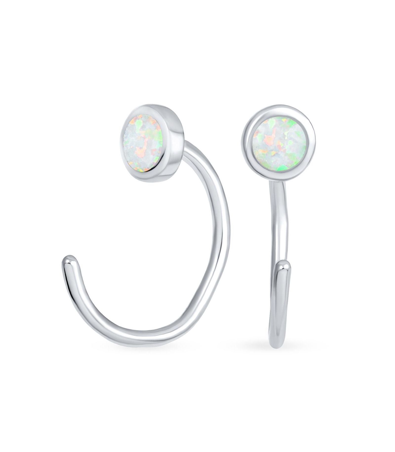 Bling Jewelry Round Created Opal Huggie Geometric Non-Piercing Helix Cartilage Conch Bezel Band Wrap Ear Cuff Earrings Sterling
