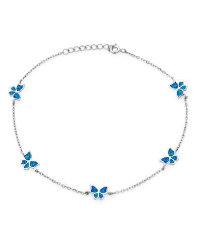 Bling Jewelry Created Blue Opal Butterfly Charm Anklet Ankle Bracelet Sterling Silver