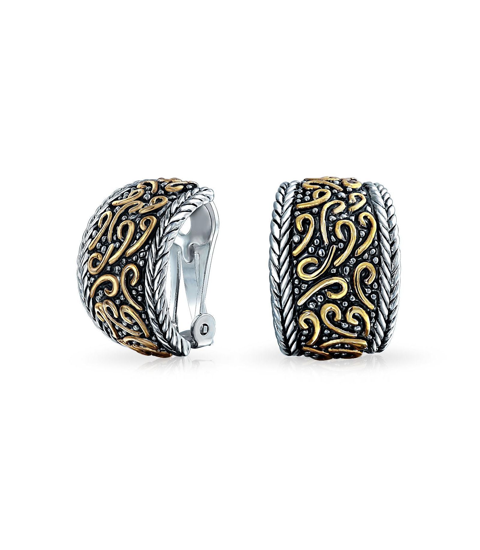 Bling Jewelry серьги-клипсы в стиле Bali, двухцветные, черненый родий, позолота 14K Gold