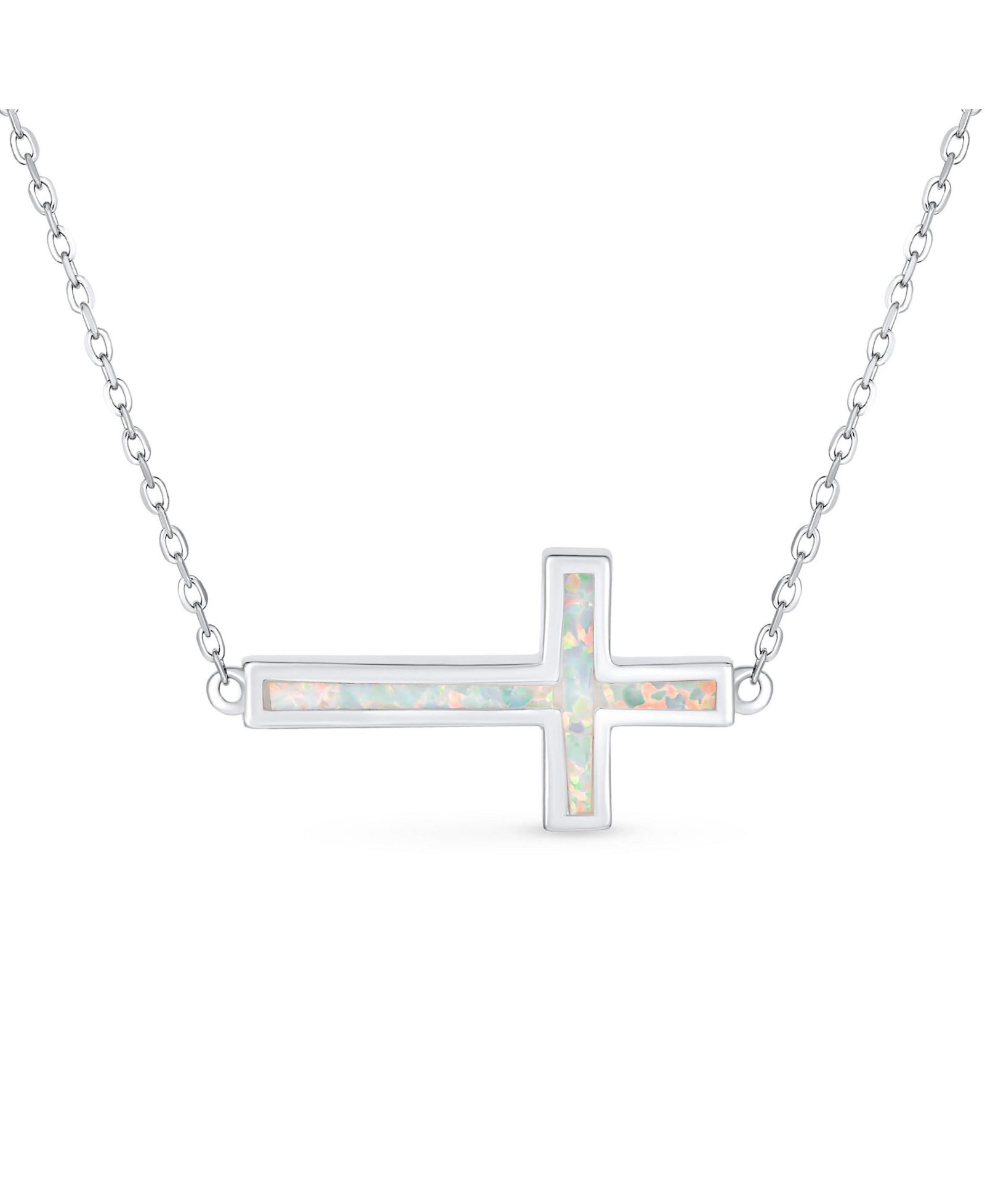 Bling Jewelry White Opal Inlay Horizontal Sideways Cross Necklace .925 Sterling Silver