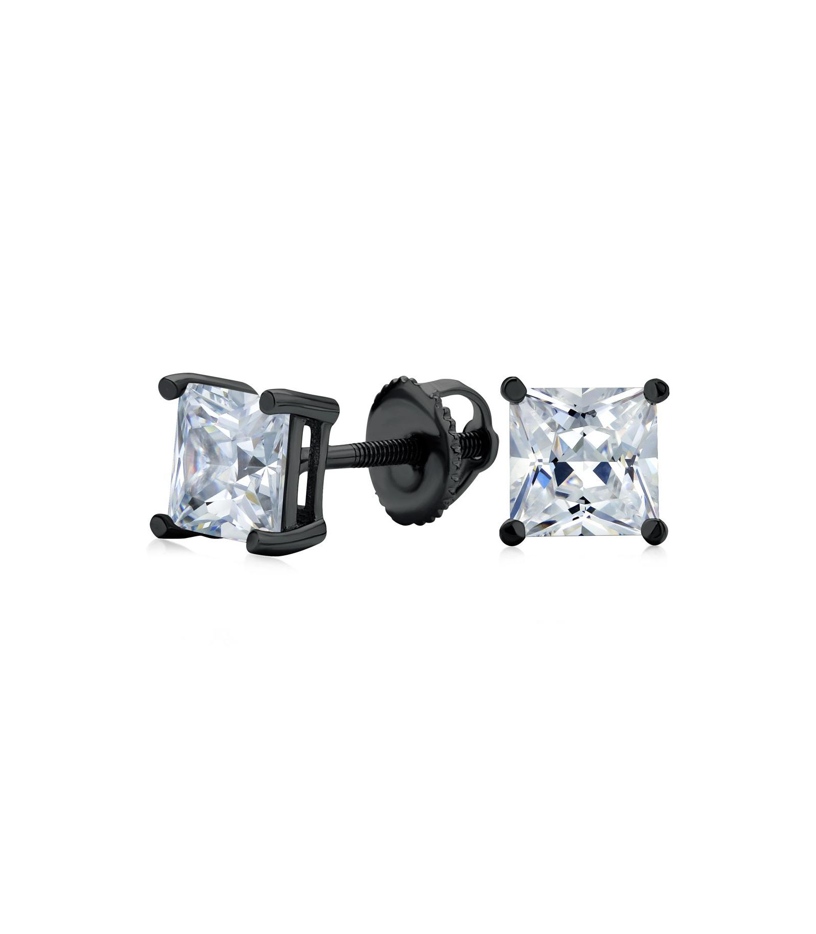Bling Jewelry Clear Square Princess Cut Cubic Zirconia Solitaire Stud Earrings Women CZ Secure Screw Back Black Gold Plated .925 Sterling Silver