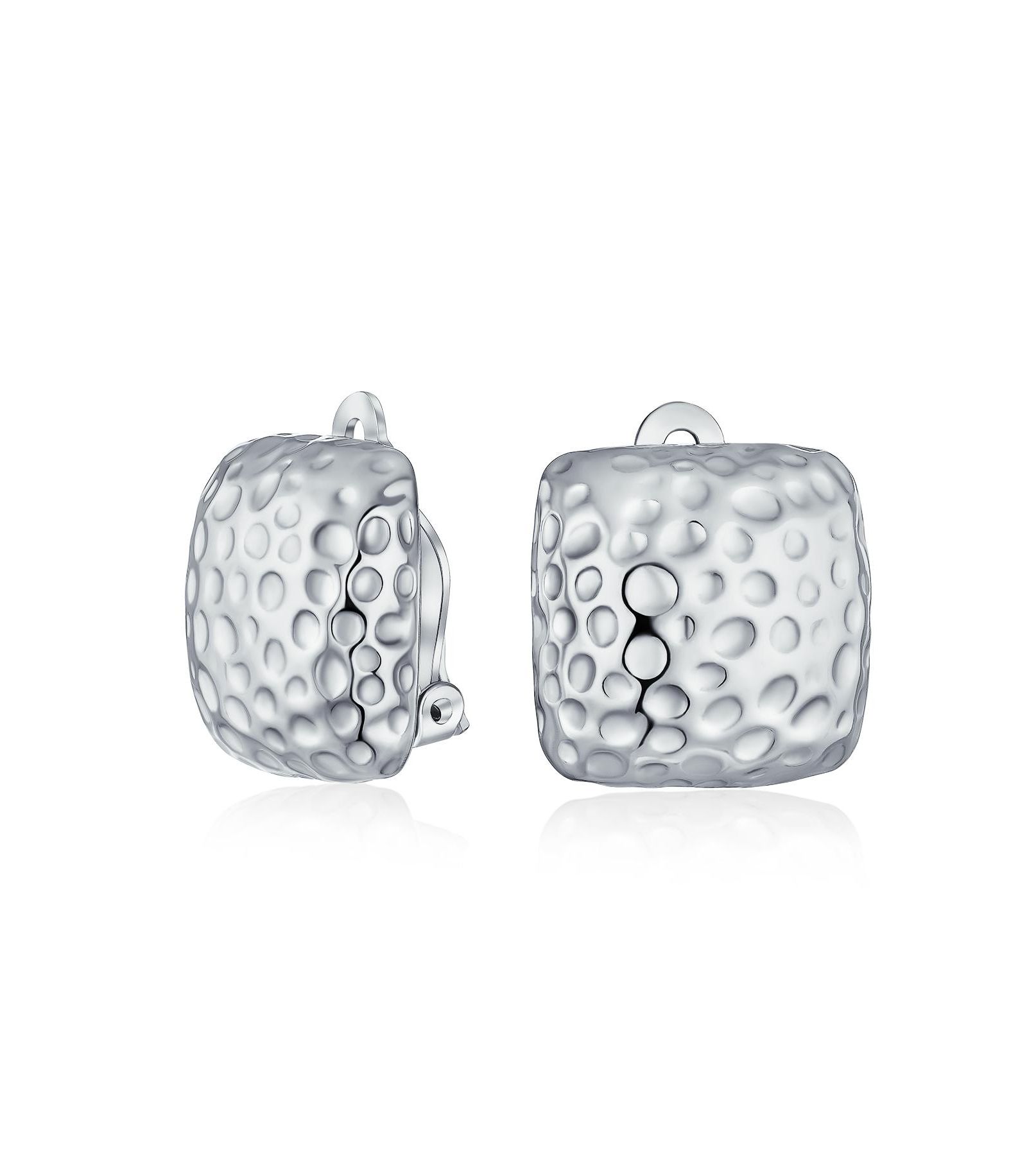 Bling Jewelry Classic Square Clip On Earrings Hammered Finish Silver Plated Non-Pierced