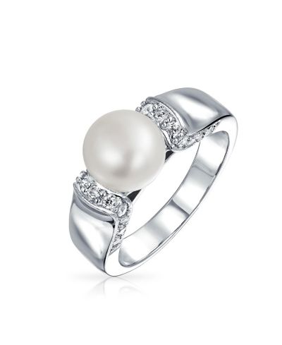 Bling Jewelry Art Deco Style White Freshwater Cultured Pearl Ring Pave CZ Accent Band