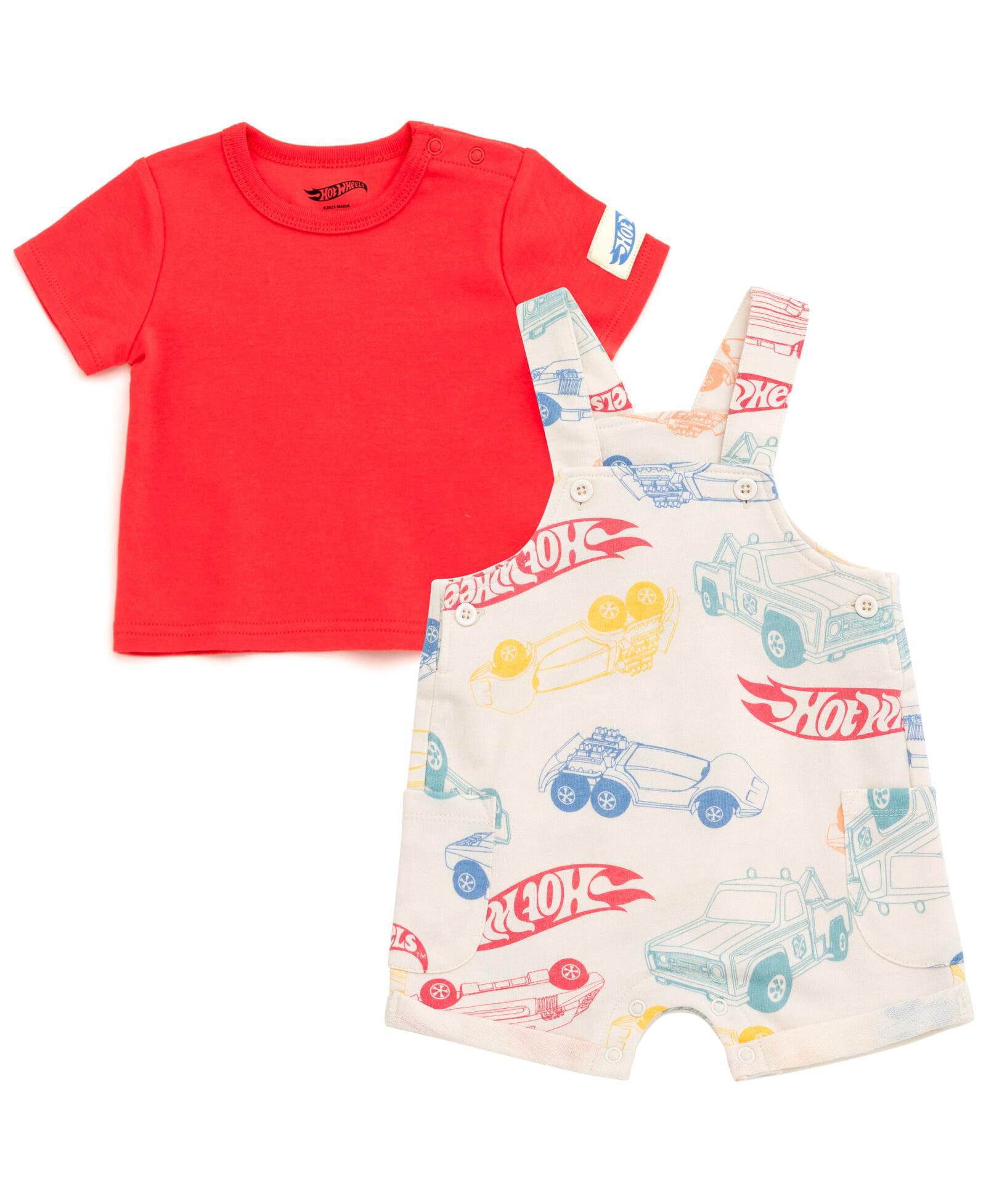 Hot Wheels Baby Boys French Terry Square Neck Short Overalls and T-Shirt Outfit Set