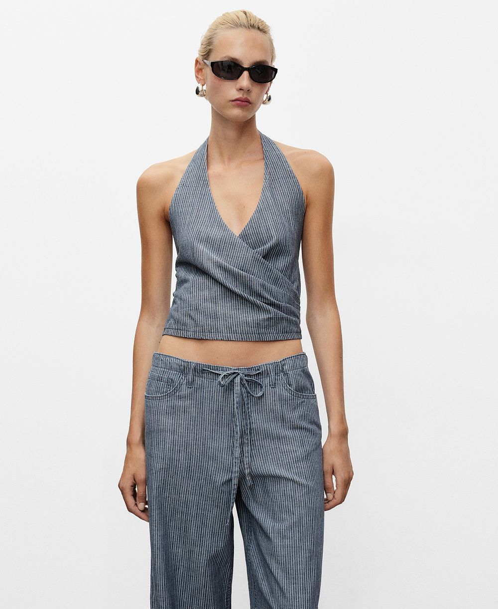 Mango Women's Striped Crossover Denim Top