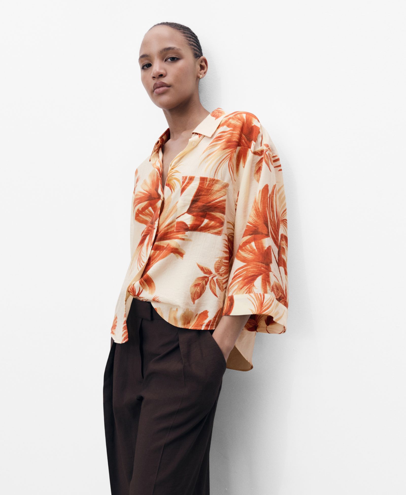 Mango Women's Palm Tree Print Three-Quarter Sleeve Blouse