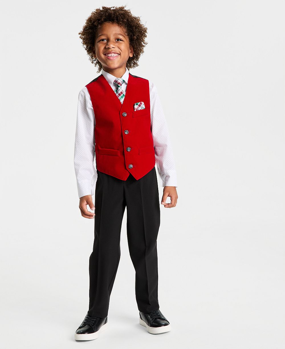 Nautica Boys' 2T-7 Red Velvet Vest, Shirt, Tie and Pants, 4-Piece Set