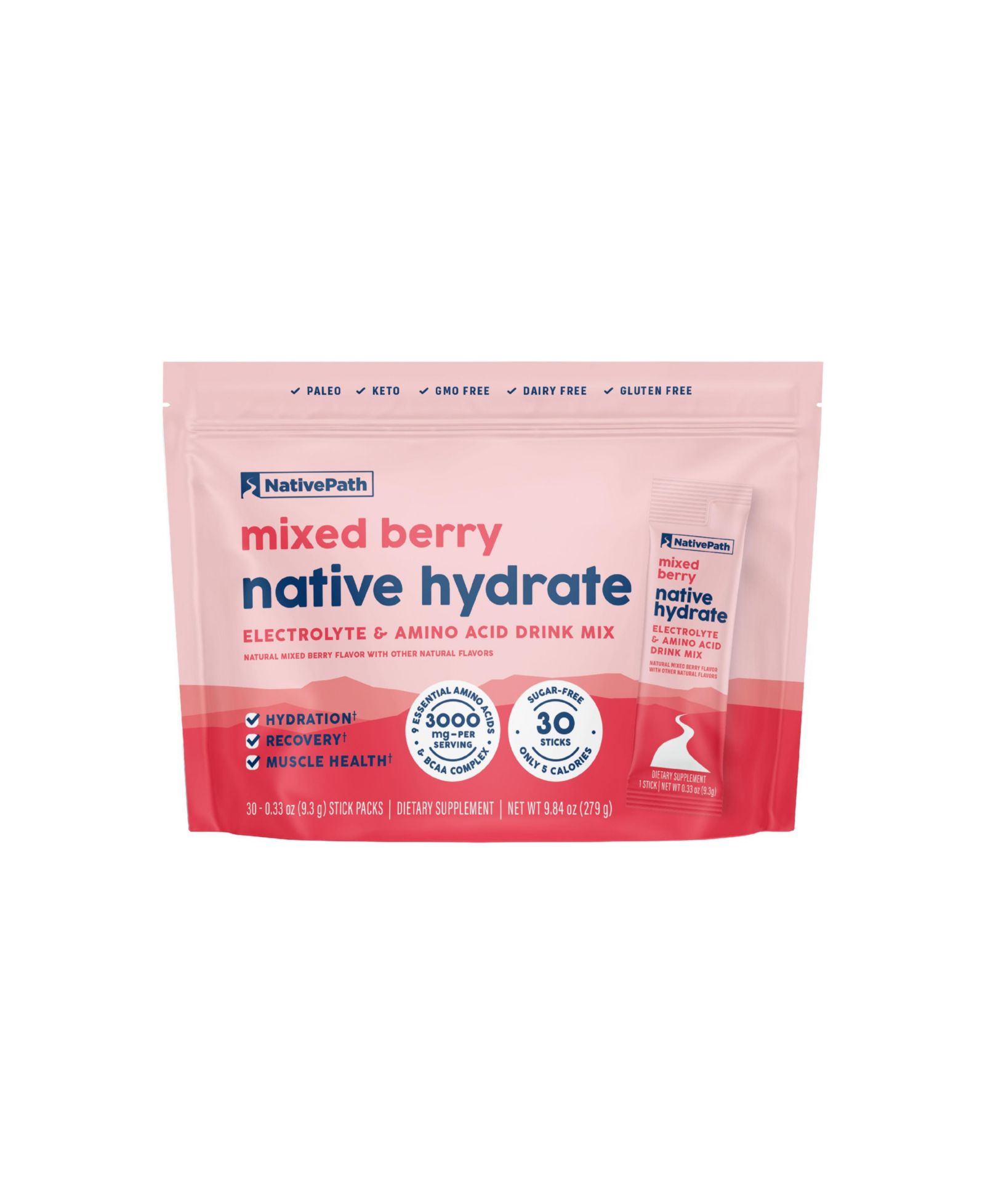 Электролитный порошок NativePath Hydrate Stick Packs, Sugar Free, Mixed Berry, Keto and Paleo Friendly, 30 Servings